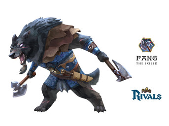 anthro armor axe blind_eye blood bodily_fluids claws fur grey_body grey_fur knife male melee_weapon open_mouth scar sharp_teeth simple_background solo teeth text toe_claws weapon white_background unknown_artist armello league_of_geeks fang_(armello) canid canine canis mammal wolf english_text hi_res official_art