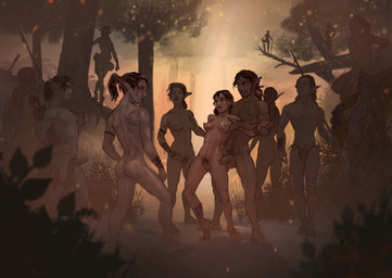 5_fingers abs anthro areola arrow_(weapon) ball_markings balls barefoot bodily_fluids both_pregnant bottomwear breasts butt captured casual_nudity clothed clothing depth_of_field detailed_background dust erection feet female fingers forest genital_markings genitals group hair humanoid_genitalia humanoid_penis humanoid_pointy_ears knife loincloth loincloth_only male markings medium_breasts melee_weapon multiple_pregnancies muscular muscular_female muscular_humanoid muscular_male nipples not_furry_focus nude outside pecs penis plant pointy_ears polearm pregnant pregnant_female pregnant_humanoid pubes quiver_(object) ranged_weapon silhouette sitting smile spear standing_on_branch sweat thong toes topless topless_anthro topless_male tree tribal underwear vulva weapon marsonaut canid canine elf human humanoid mammal 2022 digital_media_(artwork)
