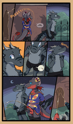 anthro balls blue_eyes bodily_fluids bottomwear bottomwear_down brick_wall bulge butt clothed clothing countershading dialogue duo ear_markings fence fur genital_fluids genitals gesture grey_body grey_fur holding_penis horn humanoid_genitalia humanoid_penis male male/male markings night pants pants_down partially_clothed pattern_clothing peeing peeing_together penis plant pressure_gauge public_urination robe shirtless shirtless_male shorts shrub shrug speech_bubble striped_body striped_markings stripes tail tail_tuft text tuft urban urine urine_on_ground urine_on_wall urine_pool urine_stream wall_(structure) hopful_anomenoe mythology rheez_aya sam_(bit-synergy) dragon furred_dragon furred_scalie kobold mythological_creature mythological_scalie scalie animated comic english_text hi_res loop