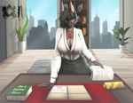 anthro bat big_breasts breasts businesswear choker city cityscape cleavage clothed clothing desk detailed_background digital_media_(artwork) english_text female fur furniture hair jewelry looking_at_viewer mammal necklace noelleneko smile solo table text
