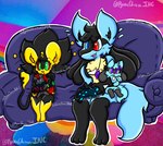 anthro black_hair blue_body blue_eyes duo female green_eyes hair heterochromia joystick male plushie red_eyes yellow_body lewdchuu_(artist) nintendo pokemon generation_4_pokemon generation_5_pokemon lucario luxray pokemon_(species) riolu shiny_pokemon zoroark hi_res