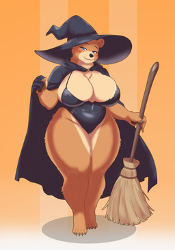 anthro bedroom_eyes big_breasts biped blue_eyes blush breasts broom brown_body brown_fur cape claws cleaning_tool clothed clothed_anthro clothed_female clothing costume feet female finger_claws fingers front_view fur halloween_costume holding_broom holding_cleaning_tool holding_object holidays huge_breasts humanoid_feet humanoid_hands leotard looking_at_viewer narrowed_eyes pattern_background pawpads plantigrade seductive shadow simple_background skimpy solo standing striped_background tan_body tan_fur toe_claws toes witch_costume foxsiva halloween bear mammal 2025 absurd_res colored full-length_portrait hi_res portrait shaded