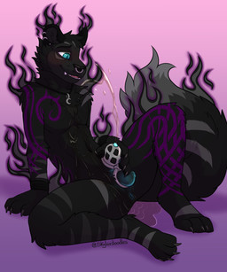 anthro anus balls bioluminescence black_body black_claws black_fur bodily_fluids bracelet chastity_cage chastity_device claws dark_body dark_fur ear_piercing facial_piercing fur genital_fluids genitals glowing glowing_anus glowing_balls glowing_eyes glowing_genitalia glowing_penis grey_markings jewelry long_tail male markings nose_piercing nose_ring pendant penis piercing purple_markings ring_piercing septum_piercing septum_ring solo steam striped_markings striped_tail stripes tail tail_markings urine urine_on_chest urine_on_ground urine_pool watersports skylardoodles eclipse_(eclipse_the_panther) felid feline hybrid mammal pantherine wraith 5:6 hi_res