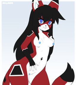anthro black_body black_fur black_hair blue_eyes blue_nipples blue_vulva blush breasts female fur genitals hair looking_at_viewer machine multicolored_body multicolored_fur nipples nude red_body red_fur simple_background small_breasts smile solo vulva white_body white_fur sataenart ara_(fluff-kevlar) android domestic_cat felid feline felis mammal robot 2022 absurd_res digital_media_(artwork) hi_res signature