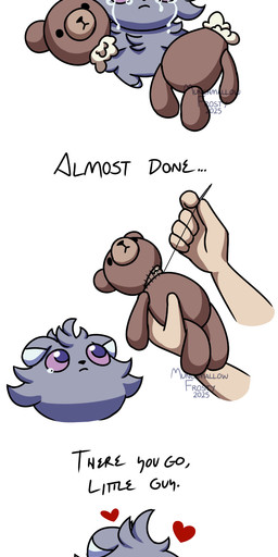 ambiguous_focus ambiguous_gender anthro anthro_focus arm_tuft asking big_eyes biped black_nose bodily_fluids broken_object cheek_tuft chest_tuft crying dialogue dipstick_ears disembodied_hand duo ear_markings eyes_closed facial_tuft featureless_crotch fixing floppy_ears front_view frown fur fur_markings gloves_(marking) good_end grey_body grey_fur happy happy_ending head_tuft heart_symbol hearts_around_head high-angle_view holding_object holding_plushie holding_sewing_needle hug hugging_object hugging_plushie leg_markings looking_at_viewer looking_up looking_up_at_viewer markings mostly_offscreen_character multicolored_ears nude plushie purple_eyes repair repairing sad sewing sewing_needle shoulder_tuft simple_background sitting socks_(marking) solo_focus standing stitch_(sewing) talking_to_another tears teddy_bear text toy tuft white_background white_markings munchmallow-frosty nintendo pokemon espurr generation_6_pokemon human mammal pokemon_(species) 2025 cel_shading digital_drawing_(artwork) digital_media_(artwork) english_text hi_res sequence shaded signature watermark