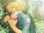 anthro biped blonde_hair blue_clothing blue_jacket blue_topwear clothing eyes_closed flower fur grass hair jacket light logo lying male male_anthro newsboy_cap on_side outside plant sleeping solo tan_body tan_fur text topwear higashi_cc2 cyberconnect2 fuga:_melodies_of_steel little_tail_bronx malt_marzipan canid canine caninu canis domestic_dog german_shepherd herding_dog mammal pastoral_dog artist_logo artist_name digital_media_(artwork) japanese_text signature