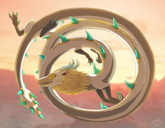 6_legs ambiguous_gender back_spikes blonde_hair blurred_background detailed_background eyelashes feral flying hair horn looking_at_viewer orange_sky outside serpentine sky solo spikes spikes_(anatomy) teeth caraluca mythology nintendo tears_of_the_kingdom the_legend_of_zelda light_dragon_(totk) dragon eastern_dragon mythological_creature mythological_scalie scalie 2023 full-length_portrait hi_res portrait