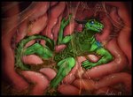 anthro black_horn blue_eyes blue_markings bodily_fluids brown_hair fangs green_body green_scales hair horn inside_stomach internal male markings open_mouth scales solo spade_tail stomach_acid tail teeth vore acidic mythology adryx_(character) dragon mythological_creature mythological_scalie scalie 2019 dated signature
