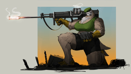 anthro autocannon beak beret biceps big_breasts bottomwear breasts clothing female gun hat headgear headwear holding_object holding_weapon huge_breasts hyper muscular muscular_anthro muscular_female non-mammal_breasts ranged_weapon reloading shirt shorts solo steam tank_top thick_thighs topwear weapon weapon_on_shoulder wide_hips glewes avian bird owl 16:9 hi_res widescreen