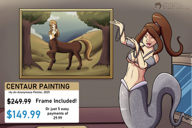 arm_warmers armwear bra breasts brown_body brown_hair clothing convenient_censorship duo eyes_closed fake_advertisement female floating framed_picture hair hair_covering_breasts humanoid_pointy_ears orange_hair pink_body pink_bra pink_clothing pink_underwear pointy_ears price_listing text underwear inkblot123 european_mythology greek_mythology mythology centaur equid equid_taur genie humanoid humanoid_taur mammal mammal_taur taur 2025 english_text hi_res picture_in_picture