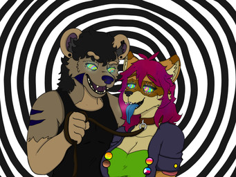 anthro collar duo female hypnosis hypnosis_fetish hypnotic_eyes leash leashed_collar male male/female mind_control tongue tongue_out youtuber rhyasmr pawfursuniverse vtuber queensmolder rhyland smolder_(pawfurs) hyena mammal procyonid raccoon 4:3 absurd_res hi_res