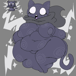 anthro anthrofied areola belly big_belly big_breasts biped breasts claws deep_navel electricity eyelashes fangs featureless_breasts featureless_crotch female female_anthro lightning navel nipples open_mouth overweight overweight_anthro overweight_female purple_body scarf sharp_teeth simple_background solo sparkles swirl_pattern swirls teeth thick_thighs tongue white_eyes wide_hips kim0na mewgenics lucy_(mewgenics) domestic_cat felid feline felis mammal 1:1 colored digital_drawing_(artwork) digital_media_(artwork) hi_res