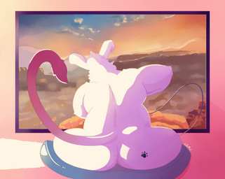 ambiguous_anthro ambiguous_gender anthro arm_tuft butt cheek_tuft elbow_tuft electronics facial_tuft floppy_ears footprint fur gradient_tail head_tuft markings neck_tuft nude overweight overweight_ambiguous overweight_anthro pawprint pawprint_(marking) rear_view red_tail sitting solo tail television tuft white_body white_fur white_tail chocolateandmilk lagomorph leporid mammal rabbit 2018 dated signature