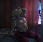 ambiguous_gender anthro bed bedroom bodily_fluids curtains curtains_open furniture pain shell solo tears window seateal legend_of_ahya ariana_'ari'_(darkflamewolf) crocodile crocodilian hybrid reptile scalie tortoise turtle hi_res