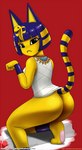 anthro black_eyes blue_ears blue_hair bottomless butt clothed clothing egyptian female fur hair markings ring_(marking) ringed_tail simple_background solo striped_markings striped_tail stripes tail tail_markings text yellow_body yellow_fur john_joseco animal_crossing nintendo ankha_(animal_crossing) domestic_cat felid feline felis mammal 2021 digital_media_(artwork) hi_res url