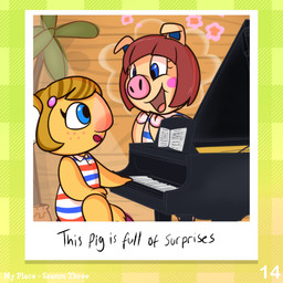 2_fingers accessory anthro bangs beads big_nose blonde_hair blue_eyes blue_inner_ear blue_stripes brown_hair button_(fastener) clothed clothed_anthro clothed_female clothing dress duo eye_contact eyelashes female female_anthro fingers floppy_ears freckled_face freckles fur grand_piano hair hair_accessory hair_beads happy hoof_hands keyboard_instrument light lips looking_at_another multicolored_clothing multicolored_dress musical_instrument number paper pattern_clothing pattern_dress photo piano pink_freckles pink_lips pink_nose pink_tongue sheet_music short_hair sitting standing striped_clothing striped_dress stripes text title tongue wall_(structure) white_clothing white_dress wood wood_wall yellow_body yellow_fur cookieboy011 animal_crossing nintendo alice_(animal_crossing) peggy_(animal_crossing) domestic_pig koala mammal marsupial suid suine sus_(pig) vombatiform 1:1 2022 colored digital_drawing_(artwork) digital_media_(artwork) english_description english_text lighting shaded story story_in_description
