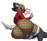 anthro balls butt clothing femboy fishnet_clothing fishnet_legwear genitals gesture hand_gesture heart_symbol legwear looking_at_viewer male rear_view simple_background solo thigh_highs v_sign white_background lovetopullmicke aggretsuko sanrio haida_(aggretsuko) hyena mammal absurd_res hi_res