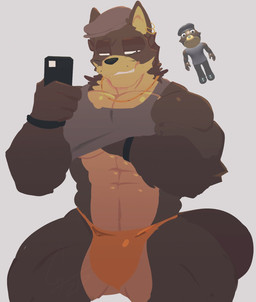 abs anthro arm_tuft armband beret biceps black_armband clothed clothing ear_piercing electronics eyebrows gold_(metal) gold_jewelry gold_necklace grey_clothing half-closed_eyes hat headgear headwear inner_ear_fluff jewelry male muscular muscular_anthro muscular_male narrowed_eyes necklace phone piercing raised_clothing raised_topwear selfie shirt simple_background smile smirk solo tank_top thong topwear tuft underwear whiskers zappyron piggy_(roblox) filip_(piggy) canid canine canis coyote mammal digital_drawing_(artwork) digital_media_(artwork) hi_res lineless shaded