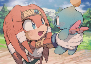 ambiguous_gender anthro blue_eyes clothing cloud day duo female gloves handwear on_model open_mouth wings aoki6311 sega sonic_adventure sonic_the_hedgehog_(series) tikal_the_echidna chao_(sonic) echidna mammal monotreme 2015