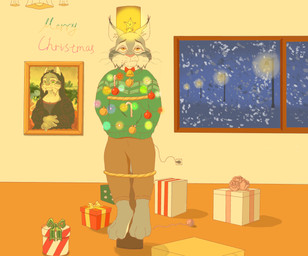 bound christmas_tree clothing fur green_clothing green_sweater green_topwear grey_body grey_fur holidays male plant solo sweater topwear tree yellow_eyes nonika1069179 christmas disney mona_lisa_(painting) zootopia pawbert_lynxley felid felidae feline lynx mammal absurd_res hi_res
