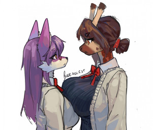 anthro bow_ribbon bow_tie breast_size_difference breast_squish breasts breasts_frottage brown_body brown_fur brown_hair clothing collared_shirt duo ears_up eye_contact eyebrow_through_hair eyebrows eyewear female female/female fur glasses hair jacket looking_at_another purple_body purple_fur purple_hair red_eyes shirt simple_background squish stare sweater tied_hair topwear translucent translucent_hair white_background white_body white_fur yellow_eyes shanher anna_cheng_(character) canid canine fox giraffe giraffid mammal 2026 hi_res signature