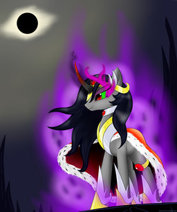 armor aura black_hair cape clothing collar crossgender crown eclipse eye_mist female feral gem glowing gold_(metal) hair headgear horn magic moon mtf_crossgender outside pupils red_eyes rock sky slit_pupils solar_eclipse solo standing sun blueondrive friendship_is_magic hasbro my_little_pony mythology king_sombra_(mlp) equid equine mammal mythological_creature mythological_equine unicorn 2013 absurd_res hi_res
