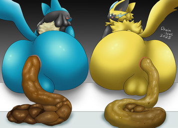 anthro anus balls big_butt blue_body blue_eyes blue_fur butt duo eyes_closed feces feces_in_ass feces_on_ground feces_pile fur genitals glistening glistening_body hip_to_hip looking_at_viewer looking_back looking_back_at_viewer male pooping pooping_on_floor pooping_together raised_tail rear_view simple_background sitting tail wide_hips yellow_body yellow_fur drain_scat nintendo pokemon generation_4_pokemon generation_7_pokemon legendary_pokemon lucario mammal pokemon_(species) zeraora 2025 hi_res