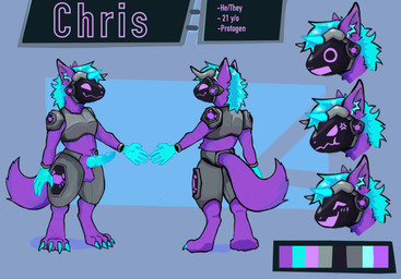 amputee anthro balls blue_hair broken_horn crab_claw disability fur genitals hair horn machine male penis purple_body purple_eyes purple_fur simple_background solo mkay chris_(crabwater) protogen hi_res