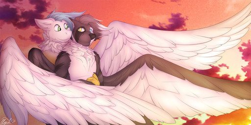 anthro black_nose blue_eyes blue_hair duo fur grey_body grey_fur hair heterochromia hug male outside sky smile sunset white_body white_fur wings yellow_eyes clyde_wolf mythology roliga avian canid canine canis domestic_dog equid equine gryphon horse hybrid mammal mythological_avian mythological_creature pony 2019 2:1 digital_media_(artwork)
