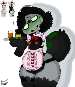 accessory alcohol anthro beverage black_body black_fur blush bodily_fluids clothed clothing femboy fur green_blush grey_body grey_fur hair heart_symbol legwear maid_uniform male multi_eye nervous nervous_smile nervous_sweat nipples simple_background smile sweat tail teeth uniform white_eyes sosu-the-blue-wolf meme_clothing nick_(beastbeans) arachnid arthropod hybrid spider absurd_res colored digital_drawing_(artwork) digital_media_(artwork) hi_res meme
