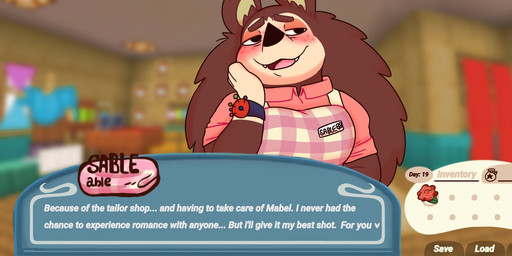 anthro apron asking_out big_hair blurred_background blush breasts brown_hair clothed clothing collared_shirt date dating_sim dress_shirt fangs female flower gui hair half-closed_eyes hand_on_cheek happy header_box inside inventory lidded_eyes long_hair looking_away love name_tag narrowed_eyes open_mouth open_smile plant romantic romantic_ambiance rose_(flower) sewing_needle shirt smile solo store tailor talking_to_viewer teeth text text_box topwear visual_novel_interface wristband gnwired animal_crossing nintendo sable_able eulipotyphlan hedgehog mammal 2025 character_name digital_media_(artwork) english_text hi_res
