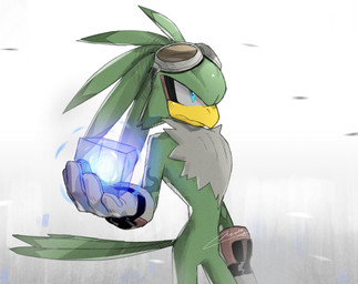 anthro beak big_hands blue_eyes clothing cube_(object) eyewear eyewear_on_head feathers fluffy fluffy_chest gloves glowing goggles goggles_on_head green_body handwear head_feathers male naturally_unclothed simple_background solo tail tail_feathers yellow_beak oiioxoiio sega sonic_riders sonic_the_hedgehog_(series) jet_the_hawk accipitrid accipitriform avian bird hi_res