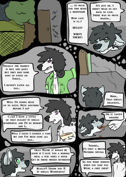 bdsm bondage bound captured dialogue duo eating eyes_closed food greeting male male/male onomatopoeia smile sound_effects text wrendeer canid canine canis domestic_dog mammal 2016 comic digital_media_(artwork) english_text hi_res