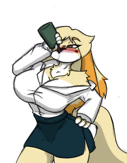 alcohol anthro beverage big_breasts blush bottle bottomwear breasts cleavage clothed clothing collared_shirt container dress_shirt drinking exposed_shoulder female fully_clothed fur hand_on_hip holding_bottle holding_container holding_object neck_tuft shirt simple_background skirt small_waist solo tail tan_body tan_fur topwear tuft white_background white_clothing white_shirt white_topwear wide_hips pace-maker animal_crossing nintendo isabelle_(animal_crossing) canid canine canis domestic_dog mammal shih_tzu toy_dog portrait three-quarter_portrait