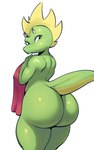 anthro big_butt black_outline blonde_hair breasts butt covering covering_breasts covering_self female glistening glistening_butt green_body green_butt green_tail hair horn looking_back nude outline simple_background solo tail thick_thighs towel sqoon mythology sasha_(digitalpelican) dragon mythological_creature mythological_scalie scalie 5:8 digital_media_(artwork) hi_res