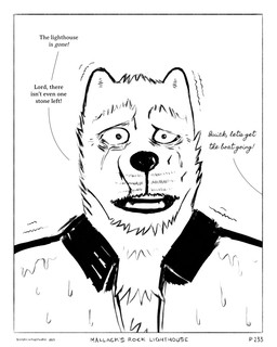 anthro black_nose border clothing collared_jacket dialogue duo eyebrows jacket male markings open_mouth shaking simple_background text thick_eyebrows topwear tremble_lines trembling water_drop whisker_markings white_background white_border white_clothing white_jacket white_topwear sharkinthepark macleish_(sharkinthepark) canid canine canis domestic_dog mammal 2025 4:5 absurd_res black_and_white comic english_text hi_res monochrome