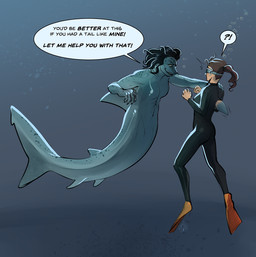 anthro dialogue dorsal_fin duo eyewear female female/female fin fin_growth flippers goggles membrane_(anatomy) mid_transformation species_transformation speech_bubble split_form swimming_fins text transformation underwater water webbed_hands wetsuit interstellarbay aquatic fish human mammal merfolk mershark shark english_text