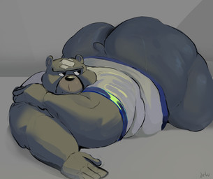 anthro bandage bandage_on_face big_butt bodily_fluids bottomless bottomless_anthro bottomless_male butt clothed clothing eyebrows frown looking_back lying male on_front overweight overweight_anthro overweight_male shirt solo sweat sweatdrop sweaty_butt topwear unibrow debudraws animal_crossing nintendo curt_(animal_crossing) bear mammal hi_res