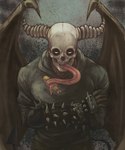 bone clothing food high-angle_view hoodie horn looking_at_viewer male membrane_(anatomy) membranous_wings shrimp_(food) skull skull_head solo teeth tongue tongue_out topwear wings einohiraki dorohedoro chidaruma demon humanoid 5:6 digital_drawing_(artwork) digital_media_(artwork)