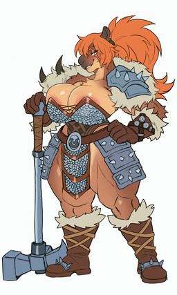 anthro arm_tuft armor belt big_breasts blush boots breasts brown_body brown_fur chest_tuft cleavage clothed clothing elbow_tuft eye_scar facial_scar female footwear fur fur_clothing gauntlets gloves hair hammer handwear large_hair multicolored_body multicolored_fur muscular muscular_anthro muscular_female nipples orange_hair pauldron pink_nipples plate_armor ponytail scar shoes smile spiked_armor spikes tan_body tan_fur tools tuft two_tone_body two_tone_fur warhammer_(weapon) yellow_eyes lazyllama fan_character capybara caviid mammal rodent 3:5 absurd_res hi_res story story_in_description