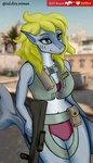 anthro blonde_hair blue_body blue_skin female green_eyes hair shark_tail solo weapon val'dira counter-strike valve fish marine shark absurd_res hi_res