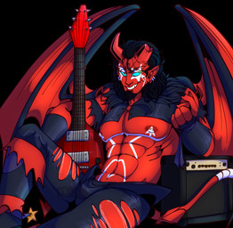 amplifier bandage bandaged_tail black_hair blue_sclera broken_horn bulge clothed clothing electric_guitar grin guitar hair holding_guitar holding_musical_instrument holding_object horn looking_at_viewer male muscular muscular_humanoid muscular_male musical_instrument nipples not_furry partially_clothed piercing plucked_string_instrument red_body red_skin smile solo string_instrument suggestive_pose tattoo torn_clothing yellow_eyes one-starry-knight bandai_namco digimon flying_v gibson marshall_amplification demon demon_humanoid digimon_(species) horned_humanoid humanoid phelesmon hi_res