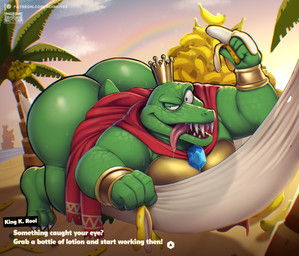 anthro banana banana_peel beach big_butt bodily_fluids bracelet bubble_butt butt cape clothing crown dialogue drooling food fruit gold_(metal) gold_bracelet gold_jewelry green_body green_scales hammock headgear huge_butt jewelry looking_at_viewer male mostly_nude nude overweight overweight_anthro overweight_male plant rainbow red_cape red_clothing saliva scales sea seaside seductive sharp_teeth short_tail sky solo sunset sweat sweaty_body sweaty_butt tail teeth text thick_thighs tongue tongue_out water el_booki donkey_kong_(series) nintendo king_k._rool crocodile crocodilian kremling reptile scalie absurd_res english_text hi_res