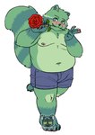 4_toes 5_fingers anthro bent_arm bent_legs blush bottomwear claws clothing feet fingers flower flower_in_mouth fur green_body green_fur holding_flower holding_object holding_rose looking_at_viewer male navel nipples one_leg_up overweight overweight_anthro overweight_male pawpads plant raised_leg rose_(flower) rose_in_mouth shorts solo teeth toes maaudaan_tg fred_(fredrick_brennan) mammal procyonid raccoon absurd_res hi_res