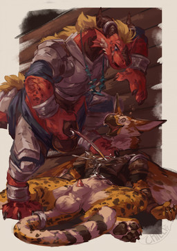 animal_genitalia bodily_fluids duo fur fur_markings genital_fluids genitals male male/male markings peeing sheath standing urine watersports babanasaur mythology fynath morca_(character) avian dragon gryphon mythological_avian mythological_creature mythological_scalie scalie hi_res