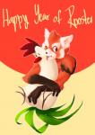 anthro duo feral hug hugging_another hugging_from_behind licking looking_at_viewer male one_eye_closed smile text tongue tongue_out chirenbo chinese_zodiac year_of_the_rooster mao_(chirenbo) ailurid avian bird chicken galliform gallus_(genus) mammal phasianid red_panda english_text hi_res