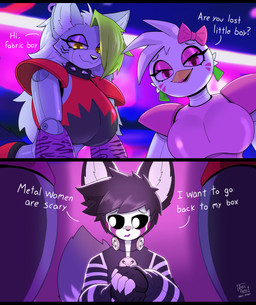 accessory animal_ears anthro beak big_breasts black_bars bow_ribbon breasts clothed clothing collar dialogue doll eyelashes female fingers front_view group hair_accessory hair_bow hair_ribbon half-closed_eyes machine male narrowed_eyes pink_clothing pupils ribbons smile spiked_collar spikes text topwear trio arzy_parzy five_nights_at_freddy's five_nights_at_freddy's:_security_breach scottgames steel_wool_studios glamrock_chica roxanne_wolf animate_inanimate animatronic avian bird canid canine canis chicken galliform living_doll mammal phasianid robot wolf 2025 absurd_res comic digital_media_(artwork) english_text hi_res letterbox