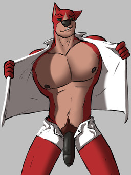 5_fingers anthro big_penis black_penis bottomwear clothed clothing dark_nipples eyebrows fingers foreskin fur genitals green_eyes jacket male muscular muscular_anthro muscular_male open_clothing open_jacket open_topwear partially_clothed penis pointy_ears pubes raised_eyebrow red_body red_fur shorts simple_background smile smiling_at_viewer smirk smirking_at_viewer solo standing topwear deety canid canine mammal hi_res