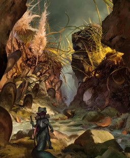 ambiguous_gender anthro backpack fallen_leaves grass hill holding_object holding_staff landscape plant shell sky solo staff standing tail water john_thacker hasbro magic:_the_gathering wizards_of_the_coast lizard reptile scalie 2024 hi_res official_art