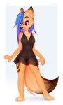 4_toes 5_fingers anthro barefoot black_nose blue_hair breasts clothed clothing dress eyebrows eyelashes feet female fingers hair open_mouth panties paws plantigrade red_eyes simple_background smile solo toes tongue underwear omiart gumi_(omiart) canid canine fox mammal 2022 digital_media_(artwork) hi_res